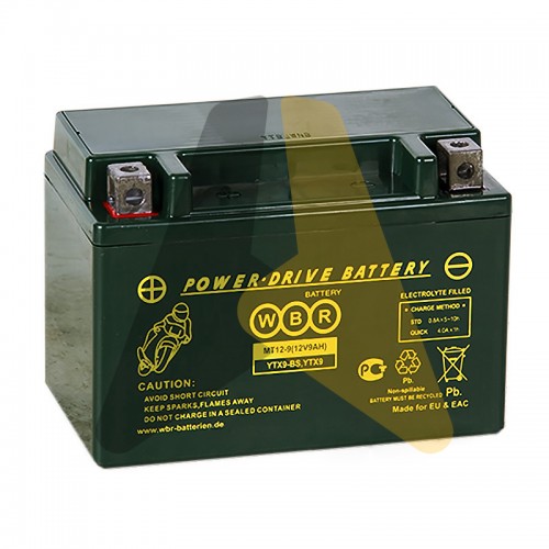 Автомобильный аккумулятор WBR MT12-9 AGM 9 Ач 120А П.П.150x87x105 YTX9-BS, YTX9